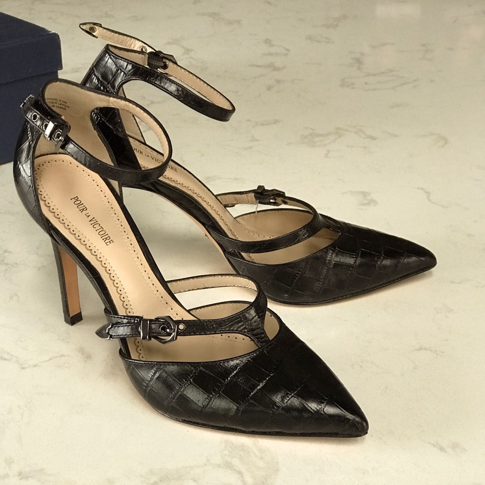 Pour La Victoire Black Croco Ankle Strap Heel 8.5M